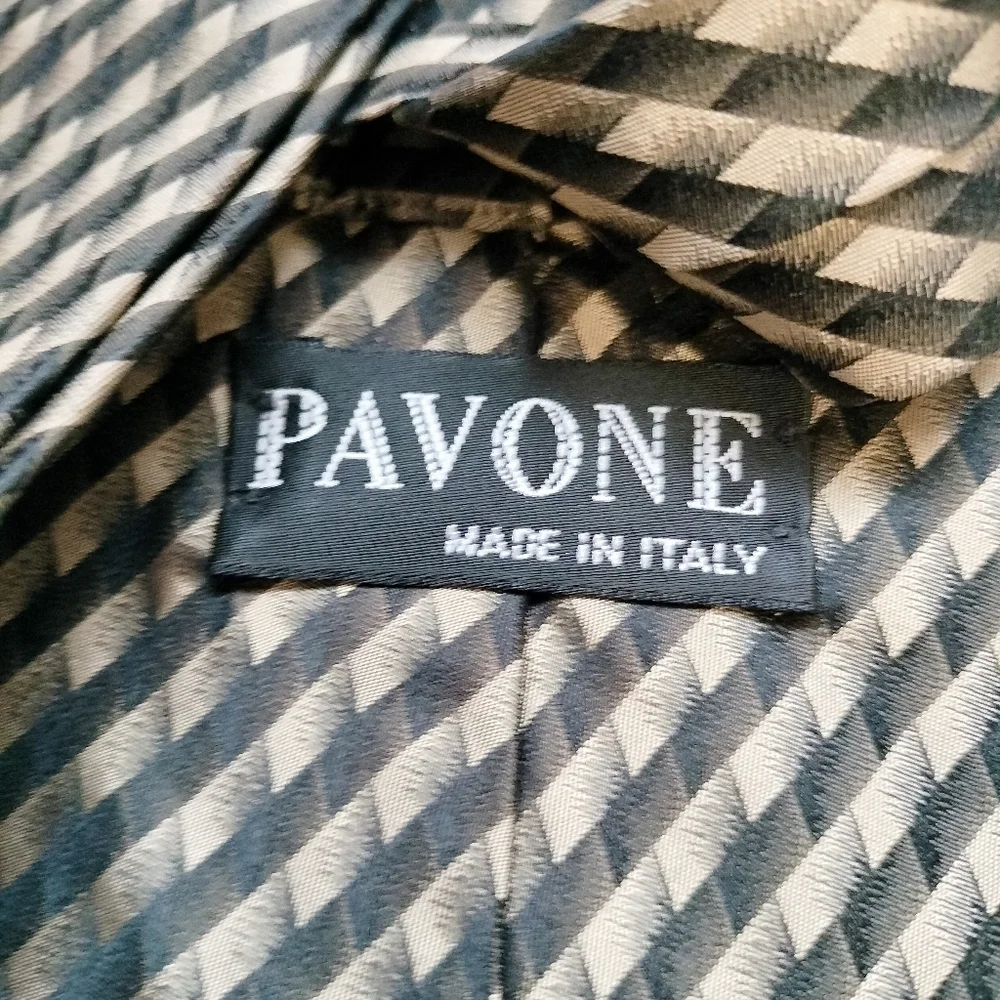 Pavone Black Taupe Men's Silk Tie Necktie Stripe Checks Made in Italy Formal